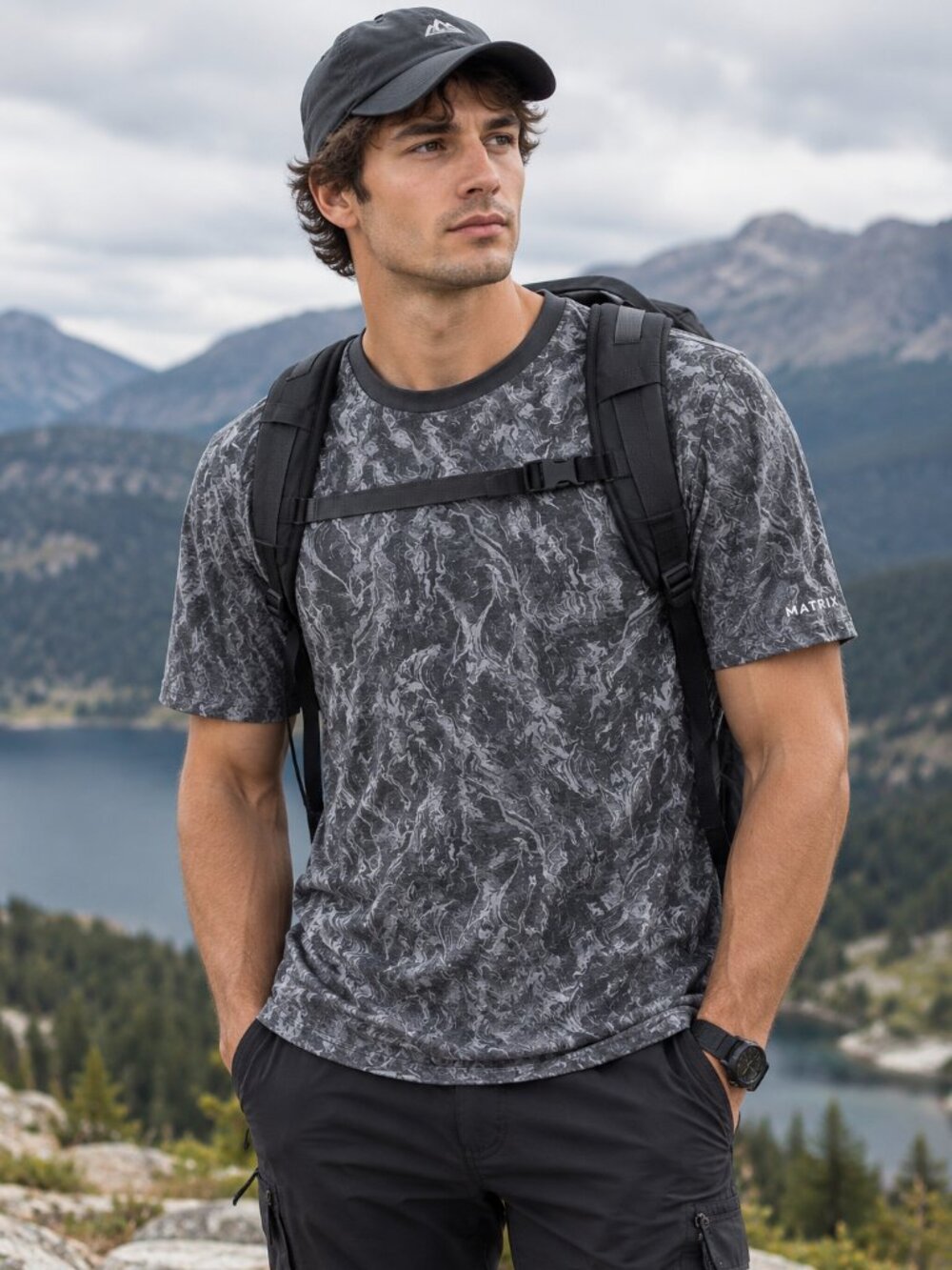 Matrix Men’s Large Gray Marble Print Athletic T Shirt Short Sleeve